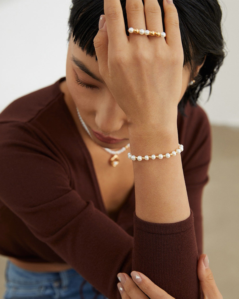 Shell Pearl Line Bracelet, worn view