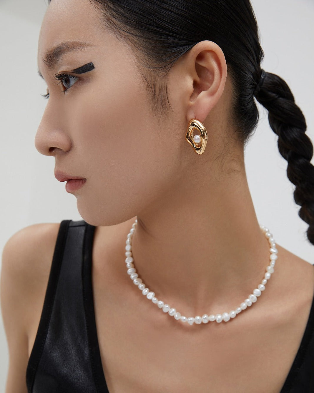 Irregular Square Pearl Studs, worn view