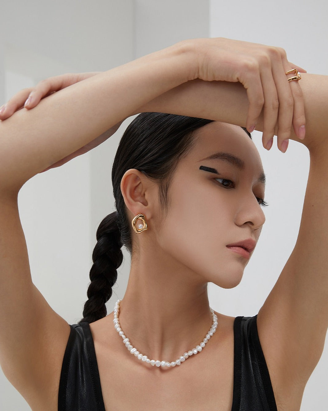 Irregular Square Pearl Studs, worn view