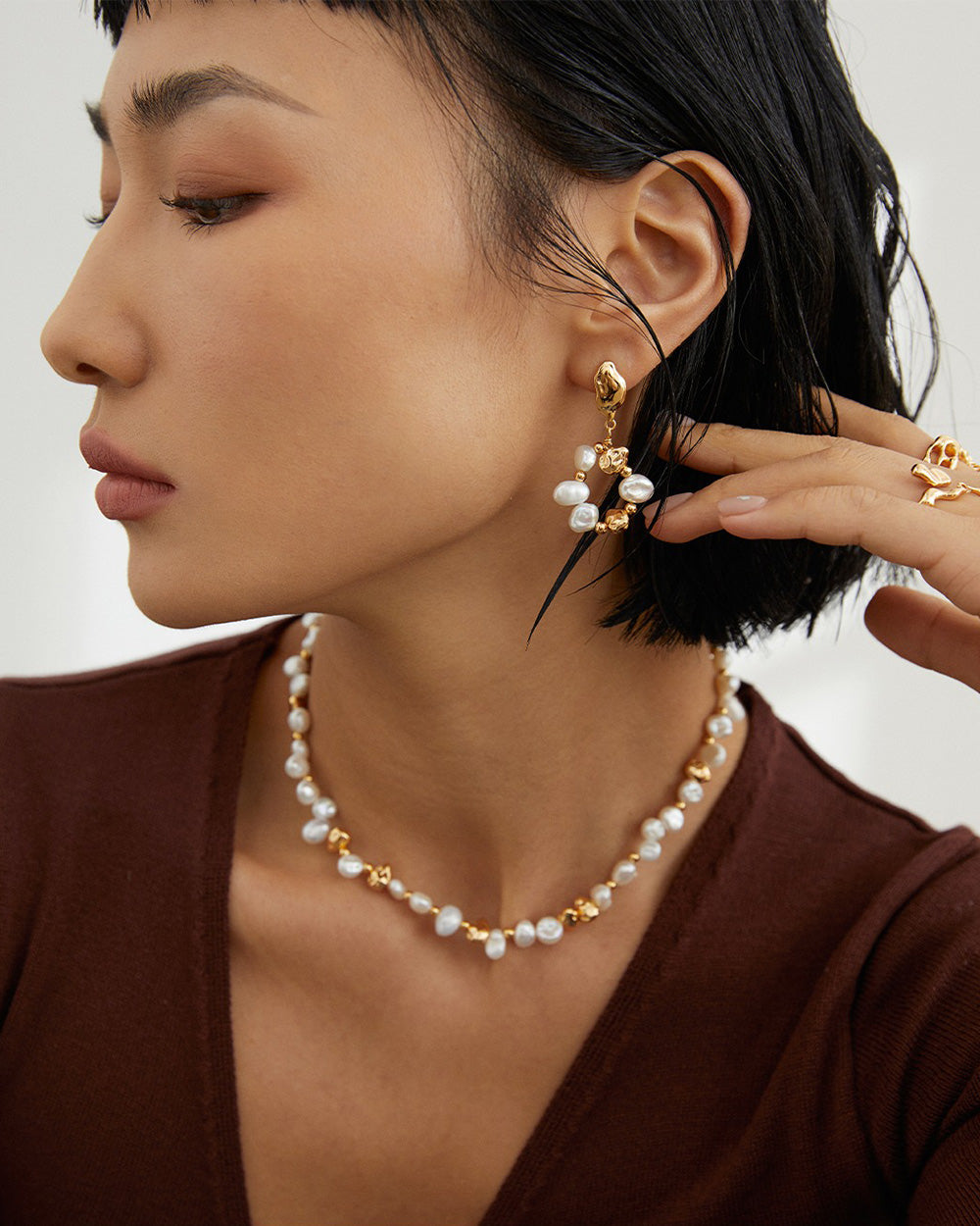 Essence Pearl Earrings, worn view