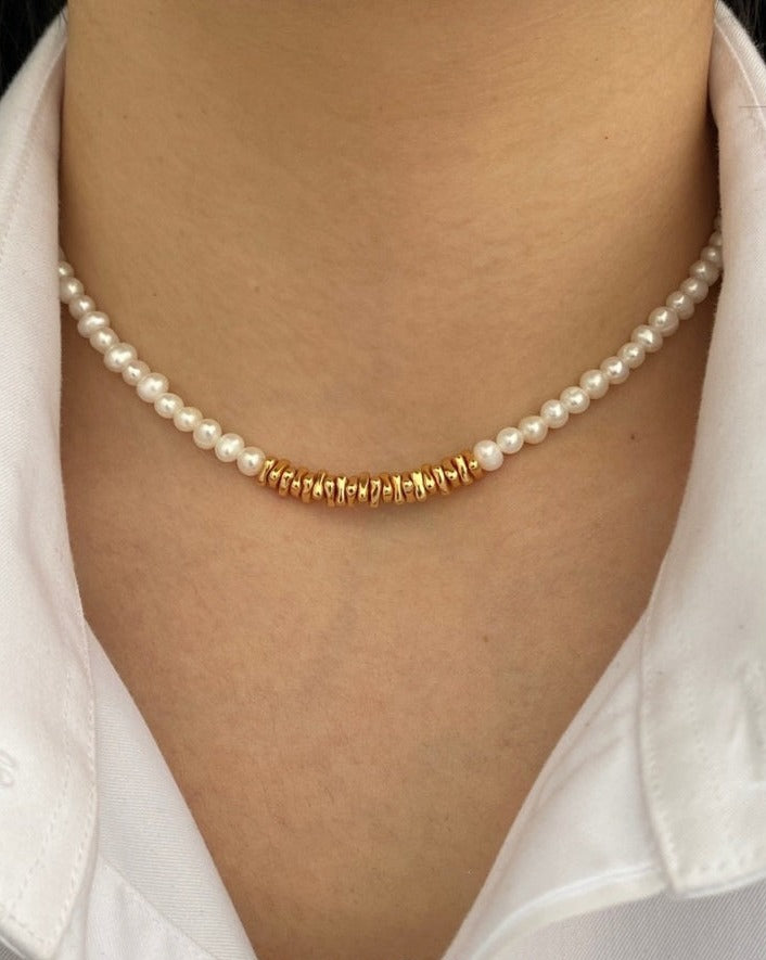 Irregular Silver Bead Pearl Necklace, worn view