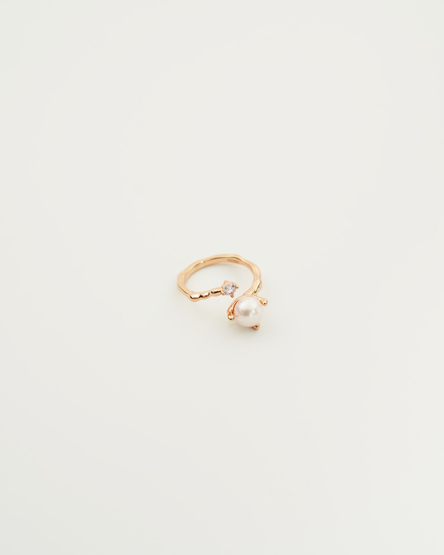 Pearl and Zircon Open Ring, front view